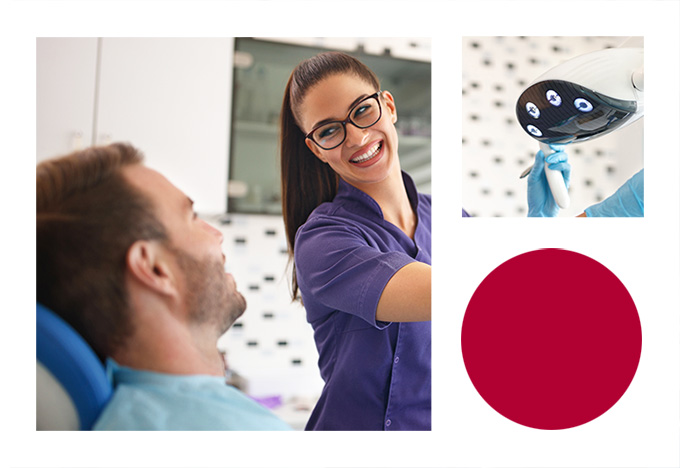 Smiling female dentist working with patient in dental clinic.